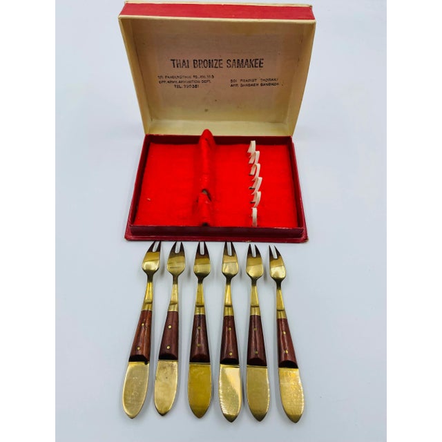 Vintage Thai Bronze Samakee Set of 6 Cocktail Forks in Original Box For Sale In Los Angeles - Image 6 of 6