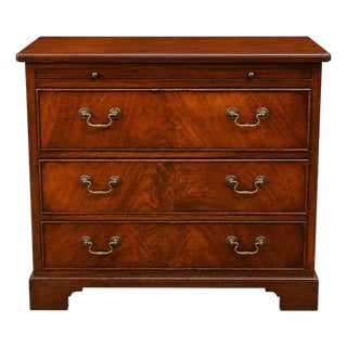 Late 20th Century Reproduction Mahogany Crotch Veneer 3-Drawer Chest / Small Dresser With Brass Pulls For Sale