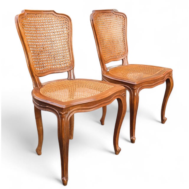 Pair of Italian Louis XV Style Double Cane Back Walnut Dining Chairs With Hand Caning, Made in Italy, Mid-Century For Sale In Washington DC - Image 6 of 18