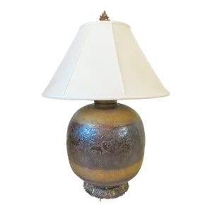 X-Large Antique Ornate Safari Jungle Brass/Bronze Embossed Elephant Lion Table Lamp W/ Shade