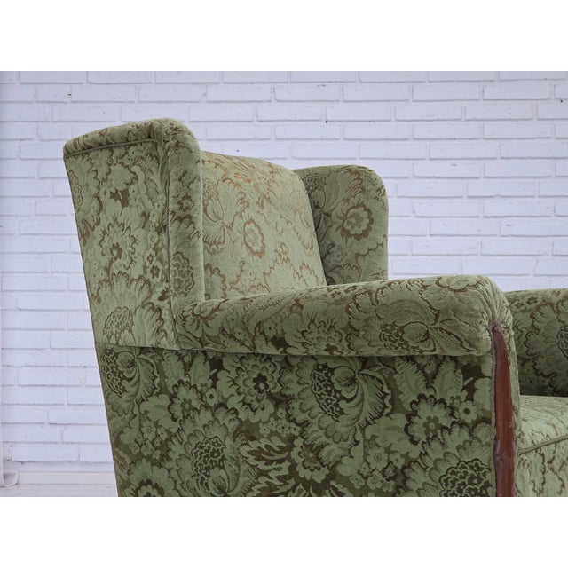 Mid-Century Modern Danish Armchair in Green Velour and Carved Oak, 1950s For Sale - Image 3 of 18