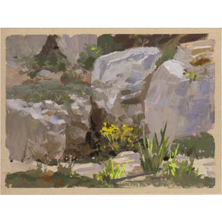 034 - Plein Air-Denver Botanic Gardens, 5/11/22 by Judd Mercer | Gouache Painting of rocks and flowers For Sale