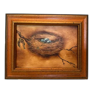 Vintage Impressionist Birds Nest Still Life Framed Original Oil Painting on Board, Blue & Brown