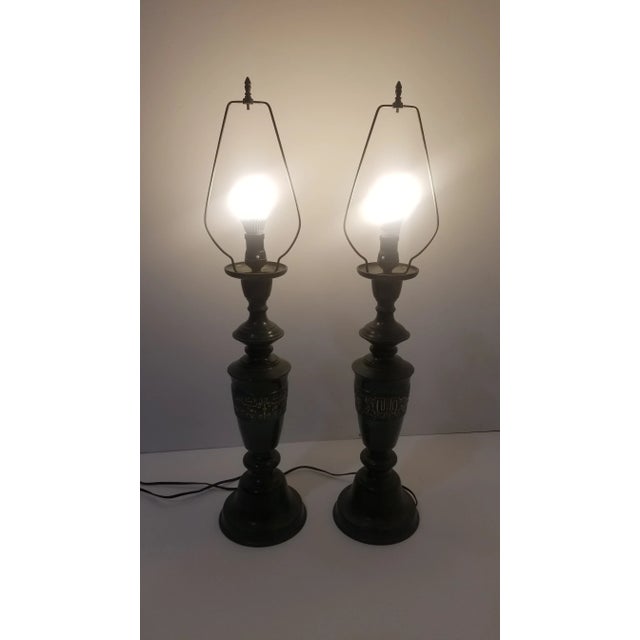 1950s Regency Japanese Verdigris Brass Marbro Style Table Lamps - a Pair For Sale - Image 11 of 12