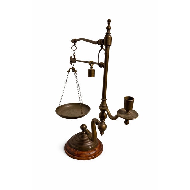 Victorian Antique Brass Balance Scale W/ Candle Holder & Wooden Base Apothecary For Sale - Image 4 of 6