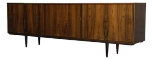 Long Sideboard Rosewood Buffet With Sliding Doors Crafted in Denmark Mid-Century Modern 1960s
