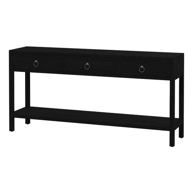 Lark 65 in. W Rectangular Wood 3 Drawer Console Table with Lower Open Shelf, Washed Black For Sale