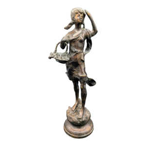 Antique Victorian-Style Bronze Sculpture: Girl With Basket