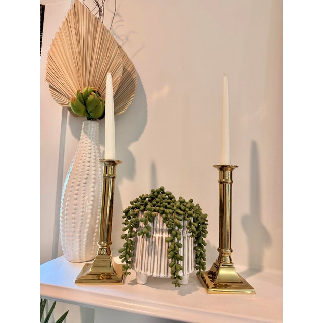Brass Pair of Vintage Polished Brass Neoclassical Column Candlesticks- Heavy For Sale - Image 8 of 8