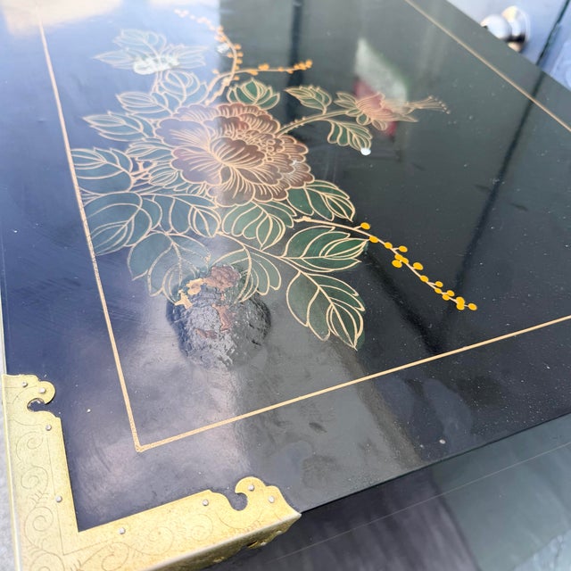 Mid 20th Century Chinese Black and Gold and Hand Painted Armoire/Chest of Drawers For Sale - Image 5 of 9