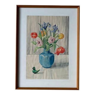 j.l. Signed Floral Bouquet Still Life Watercolor Painting Mid-Century Modern 1975 For Sale