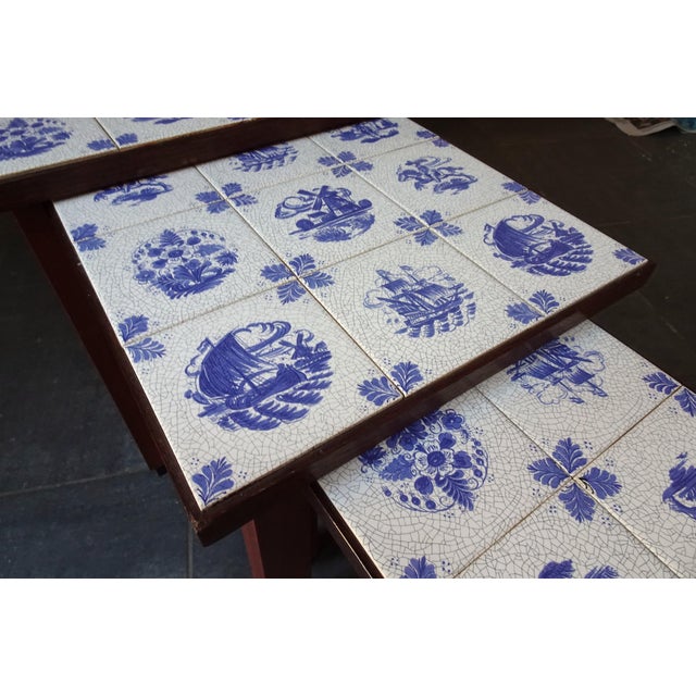 Blue Vintage Wood Cigognes Nesting Tables with Blue Ceramic Tiles, 1950s, Set of 3 For Sale - Image 8 of 14