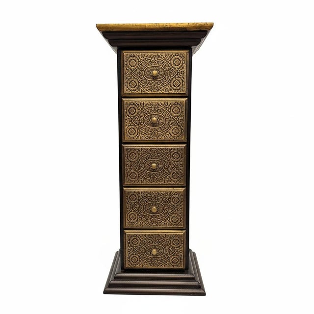 Art Deco Unique Wooden Pedestal With Drawers Accented With Hand Embossed Brass Foil For Sale - Image 3 of 5