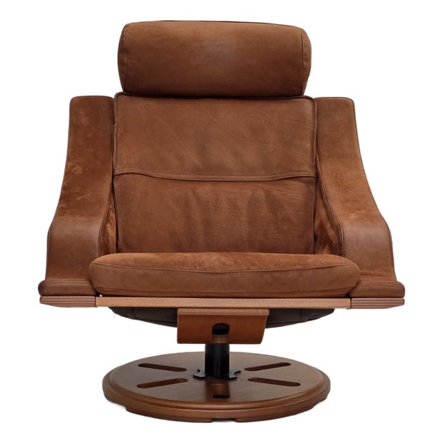 Swedish Swivel Armchair in Nubuck Leather, Canvas and Beech Bentwood, 1980s For Sale