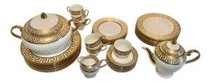 German White & Gold Porcelain Greek Key Dinnerware - 33 Pieces