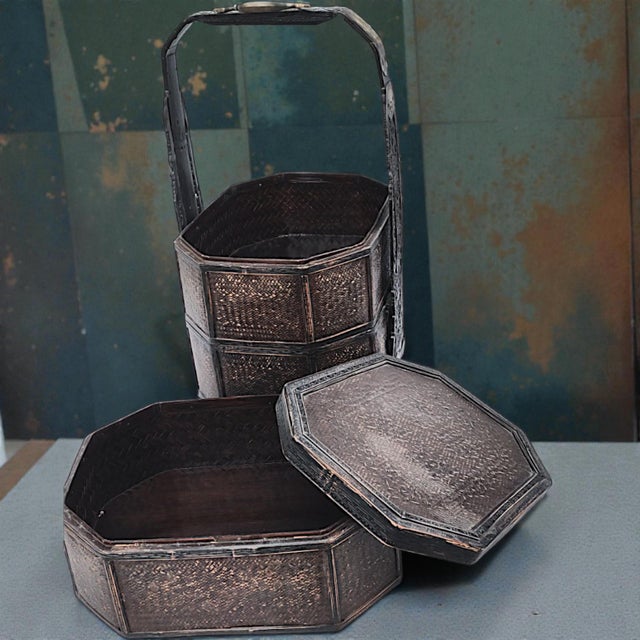 1950s 1950's 3 Tiered Octagonal Brass Handled Chinese Wedding Basket For Sale - Image 5 of 18