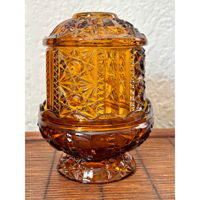 Art Deco Vintage Indiana Glass “Stars and Bars” Amber Fairy Lamp Light For Sale - Image 3 of 6