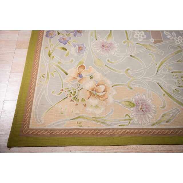 Art Nouveau 9x12 Vintage Aubusson Flat Weave Wool Rug, Light Blue Art Nouveau Floral For Sale - Image 3 of 15