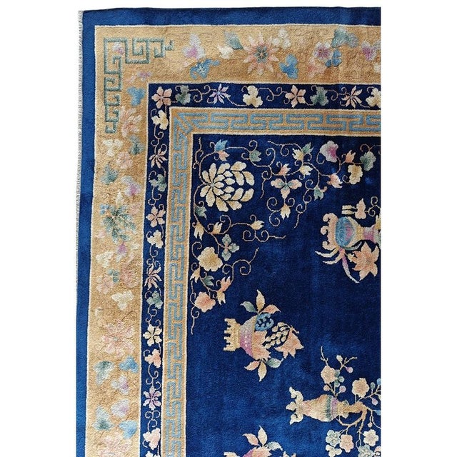 Antique Art Deco Chinese Floral, Medallion Blue Navy, Ivory Beige Cream White 1920s Rug, Circa Date: 1920s. This...