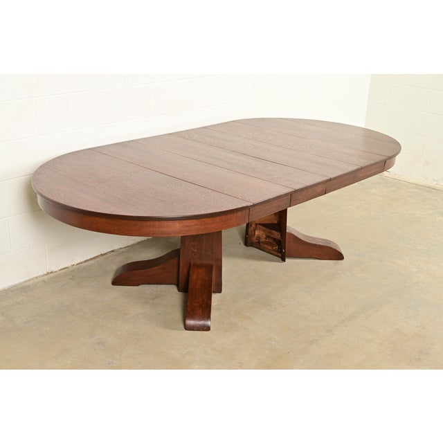 Brown Gustav Stickley Style Antique Mission Oak Arts & Crafts Split Pedestal Extension Dining Table, Circa 1910 For Sale - Image 8 of 10