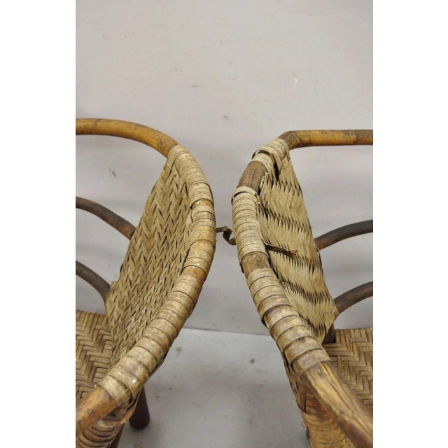 Mid 20th Century Adirondack Old Hickory Style Tree Branch Wood Frame Rattan Lounge Chairs a Pair For Sale - Image 9 of 12