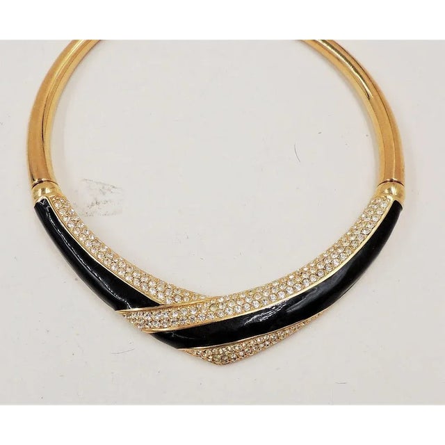 Gold Vintage Signed Napier Book Piece Enamel & Swarovski Rhinestone V Collar Necklace For Sale - Image 8 of 12