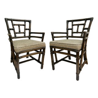 Vintage McGuire Chinese Chippendale Leather Wrapped Rattan Armchairs - A Pair For Sale