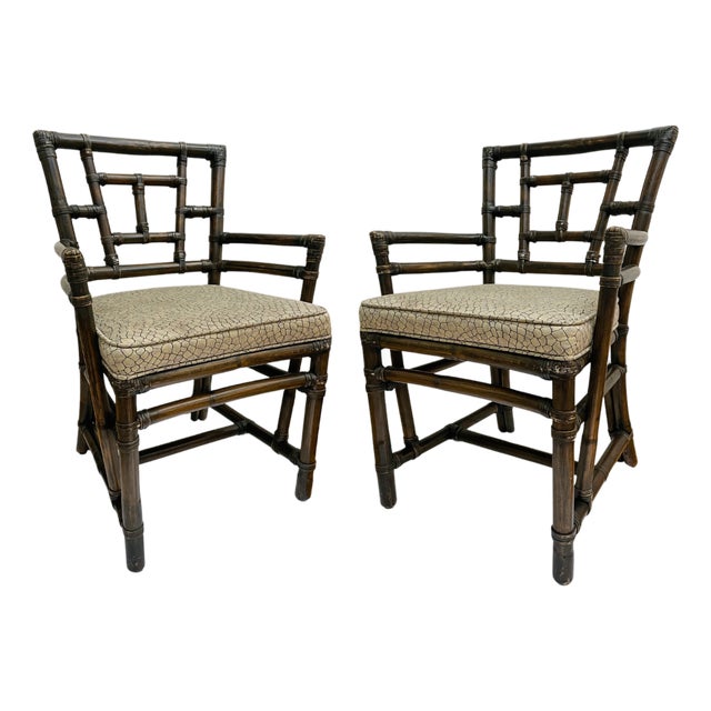 Vintage McGuire Chinese Chippendale Leather Wrapped Rattan Armchairs - A Pair For Sale