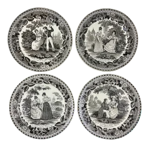 Antique P&h Choisy French Creamware Faïence Scheffer Assiette Parlante Plates- Set of 4