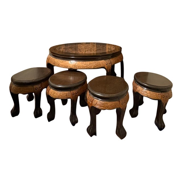 Mid-20th Century Hand-Carved Chinese Low Tea Table Set With 4 Nesting Stools & Matching Folding Screen - 6 Pieces For Sale