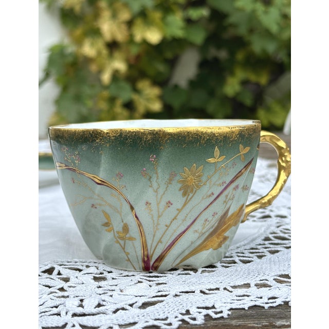 Art Nouveau Collectible Chocolate Cup and Saucer in Eggshell Porcelain with Gold Trim, France, 1890s, Set of 2 For Sale - Image 4 of 10