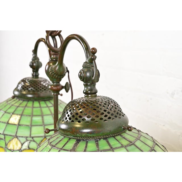 Early 20th Century Tiffany Studios Arts & Crafts Bronze Double Arm Student Lamp With Stained Leaded Glass Acorn Shades For Sale - Image 5 of 12