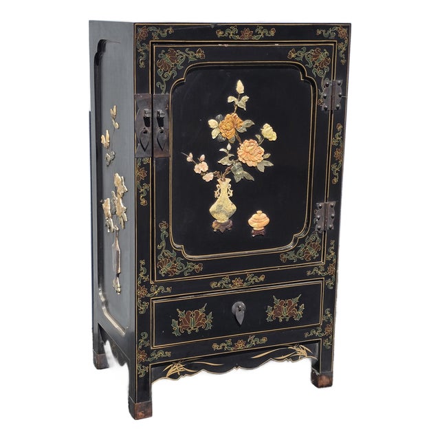 Vintage Chinese Asian Black Lacquer Chinoiserie Cabinet Storage Side Table #1of2 For Sale