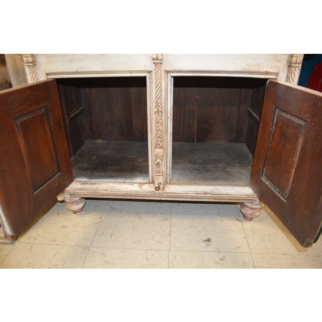 Wood 1940s Vintage Karpen Furniture Gothic Cream Wood Lockable Cabinet W/ Black Iron Strap Hinges & Carved Faces For Sale - Image 7 of 12