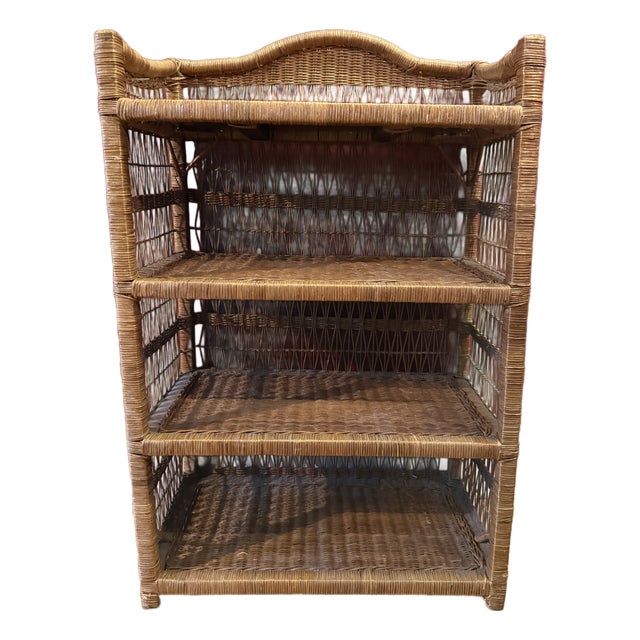 Vintage and Rattan Four Shelf Bookcase Etagere For Sale