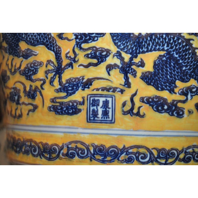 1920s Chinese Yellow-Ground Blue and White Dragon Floor Vase With Apocryphal Kangxi Mark For Sale - Image 10 of 12