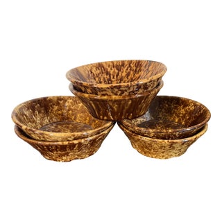 Antique 19th Century Bennington Pottery Brown Treacle Glaze Spongeware Bowls Circa 1860 - Set of 6 For Sale