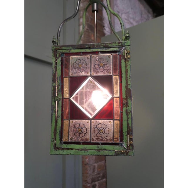 Long Arts and Crafts Stained Glass Hall Lantern, 1910s For Sale - Image 4 of 8