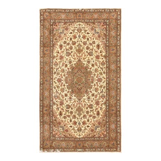 1940s Ivory Medallion Antique Persian Tabriz Silk Rugs 3' 11'' X 6' 7'' Wool Handknotted Wool Carpet For Sale