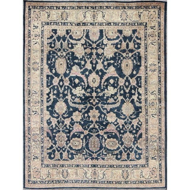 Textile Turkish Rug With Deep Navy Background and Botanical Motifs For Sale - Image 7 of 7