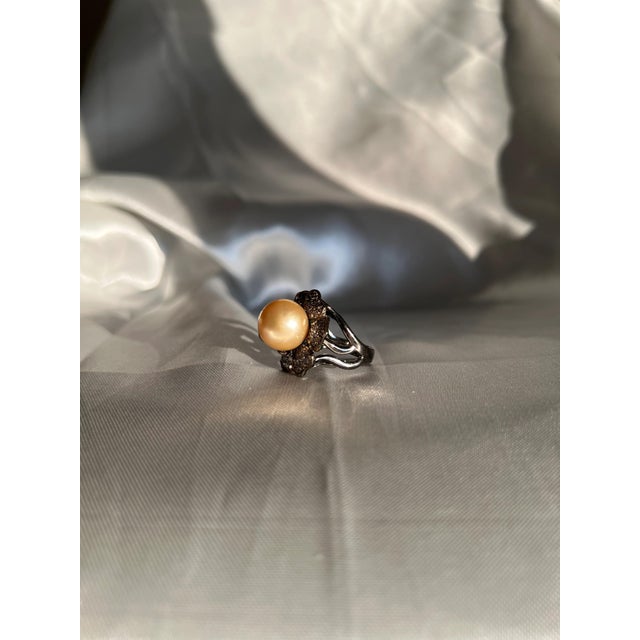 South Sea Golden Pearl and Champagne Diamond Flower Cocktail Ring, Size 7.5 For Sale - Image 4 of 12