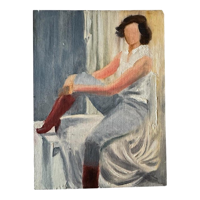 Vintage Impressionist Oil Painting of Seated Woman in Burgundy Boots, Unsigned Figurative Portrait, For Sale