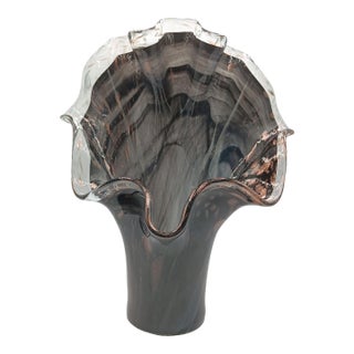 Vintage Italian Black Swirl Ruffled Large Glass Vase For Sale