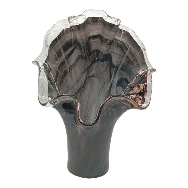 Vintage Italian Black Swirl Ruffled Large Glass Vase For Sale