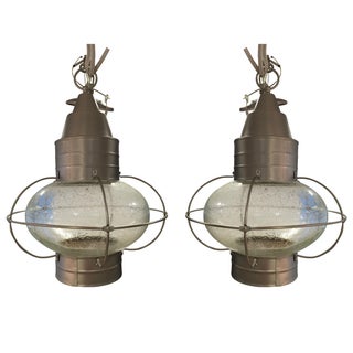 Seeded Glass Onion Pendant Lights - A Pair For Sale
