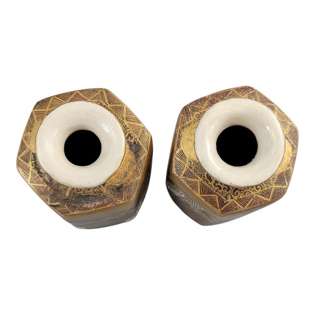 Ceramic Japanese Satsuma Hexagonal Vases with Dragon and Rakan, Set of 2 For Sale - Image 7 of 13