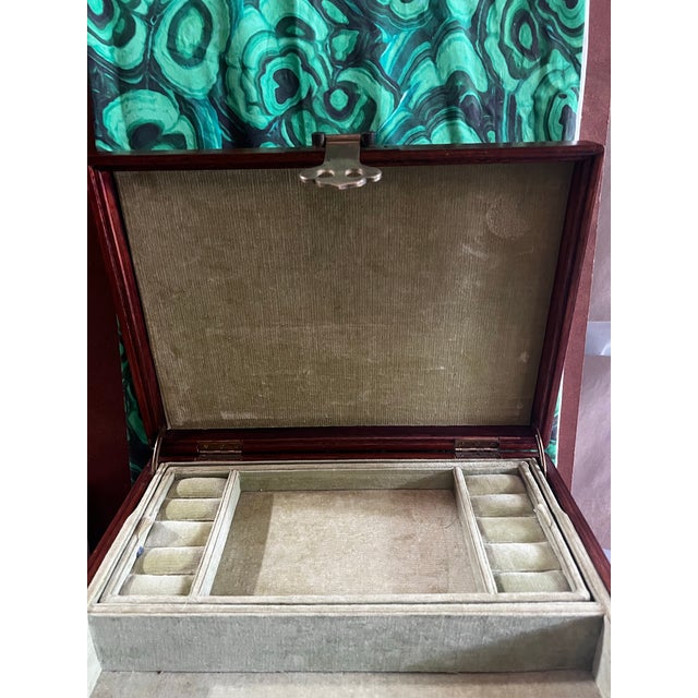 Vintage Asian Style Wooden Green Velvet Lined Jewelry Box With Latch For Sale - Image 4 of 6