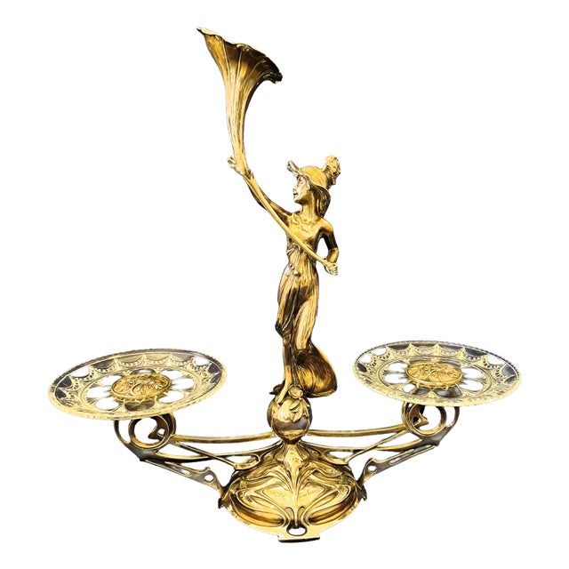 Art Nouveau Silver-Plated Centrepiece with 2 Glass Inserts and Etched Motifs, 1903 For Sale