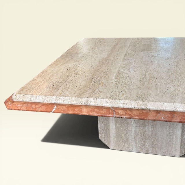 Mid-Century Modern Italian Coffee Table in Tavertino Marble and Coralito, 1980s For Sale - Image 3 of 9