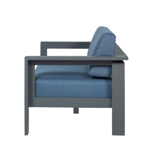 Sardinia Aluminum Frame Outdoor 74" Love Seat / Sofa - Blue Cushions For Sale - Image 9 of 14